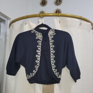 1960s Black Shrug Bolero Sweater Women's Size S/M White Loop Embroidered Boarder